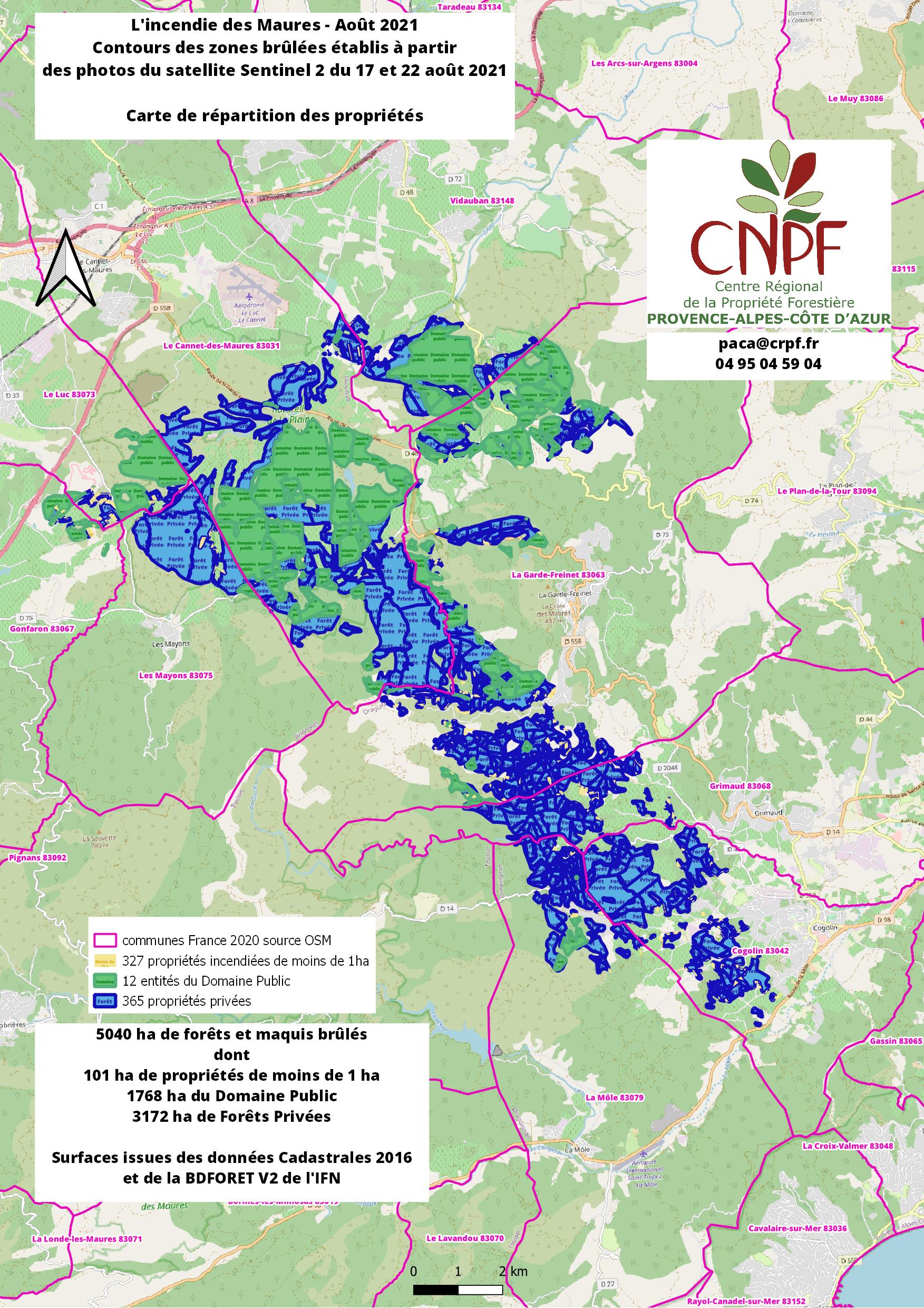 Répartition zones incendiées dans les Maures selon le type de propriété